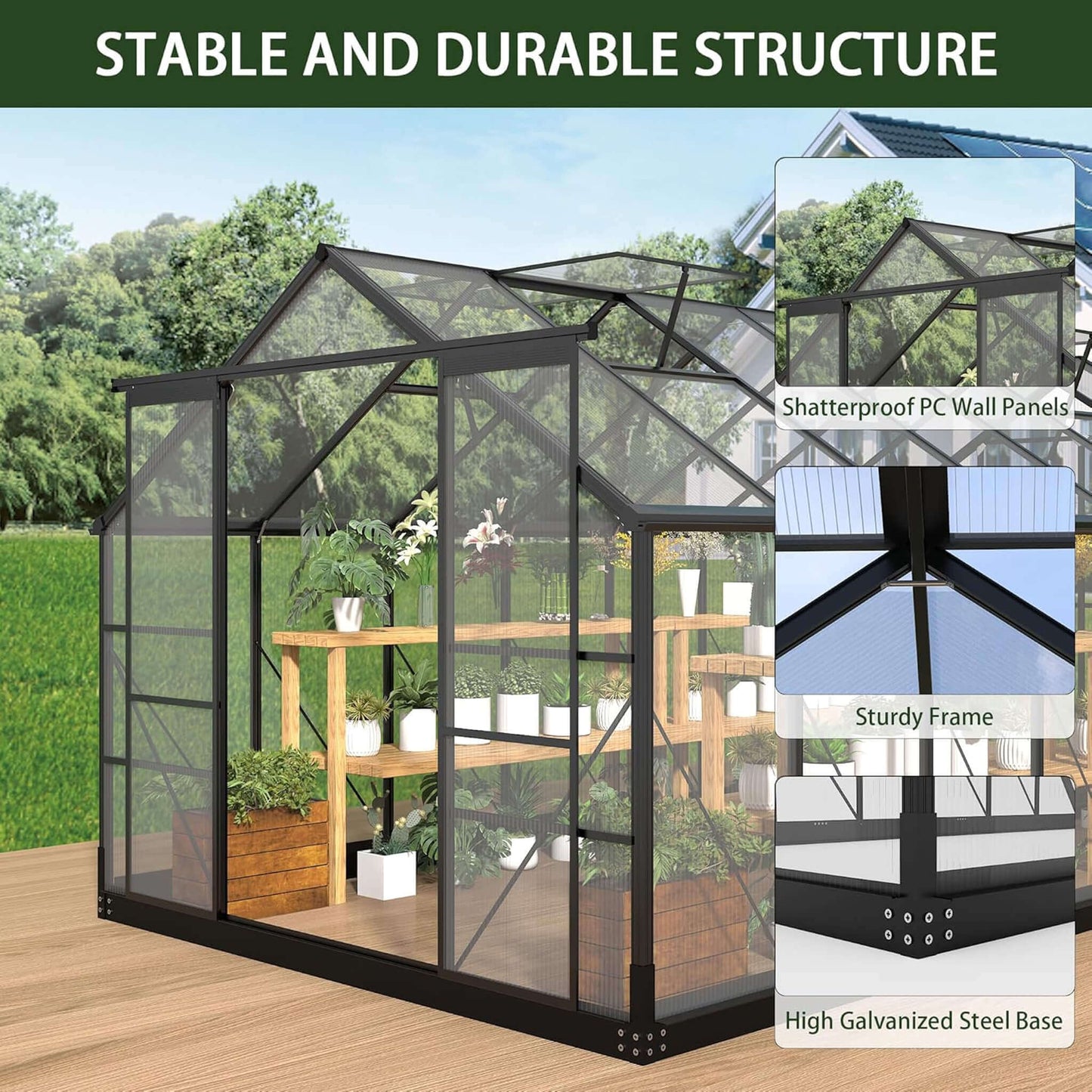 8FT x 16FT Premium Outdoor Walk-In Polycarbonate Greenhouse with Roof Vents & Sliding Doors, 4MM