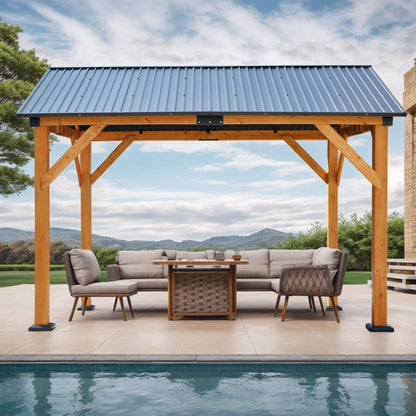 9' x 11' Alora Heavy Duty All-Weather Hard Top Wooden Carport Gazebo With Galvanized Steel Roof