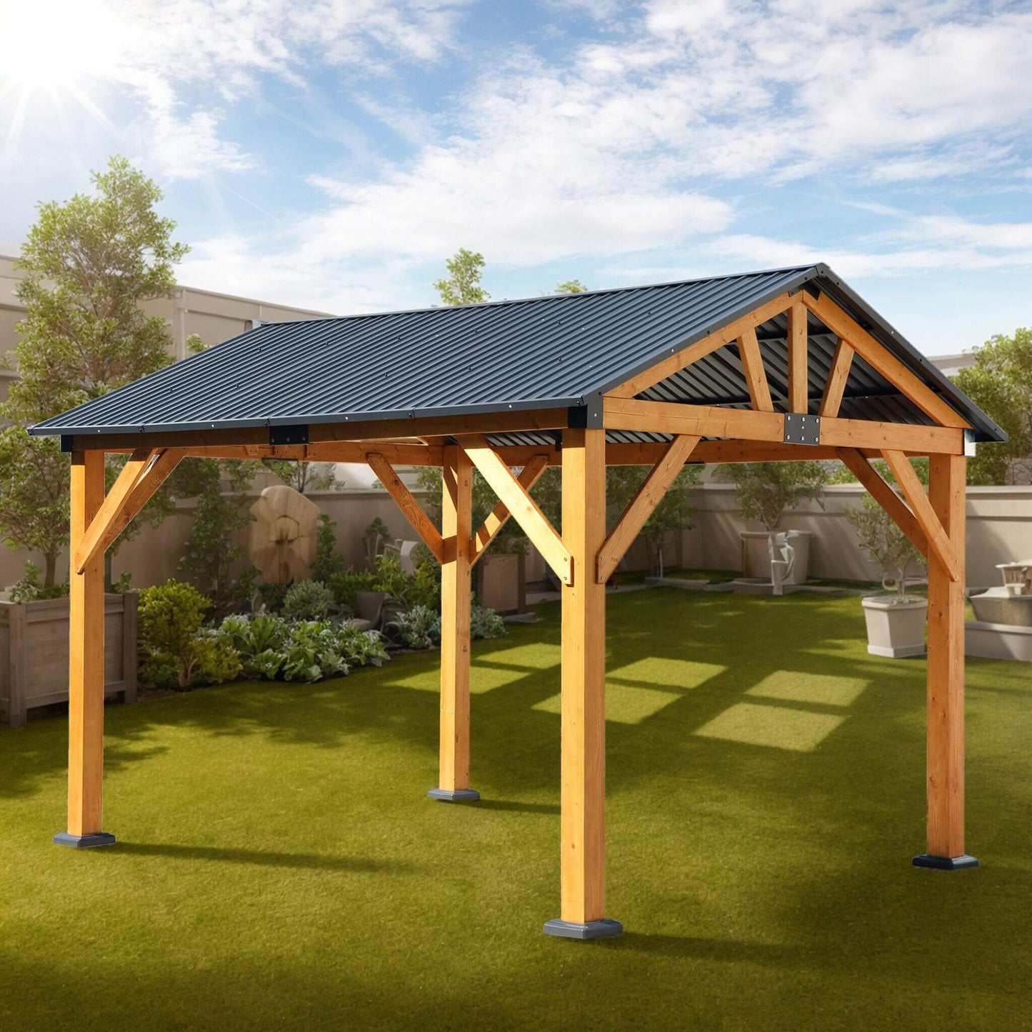 9' x 11' Alora Heavy Duty All-Weather Hard Top Wooden Carport Gazebo With Galvanized Steel Roof