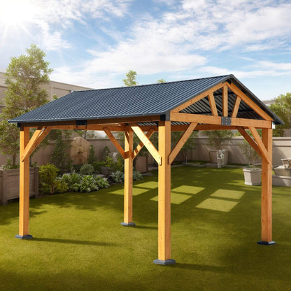 9' x 11' Alora Heavy Duty All-Weather Hard Top Wooden Carport Gazebo With Galvanized Steel Roof