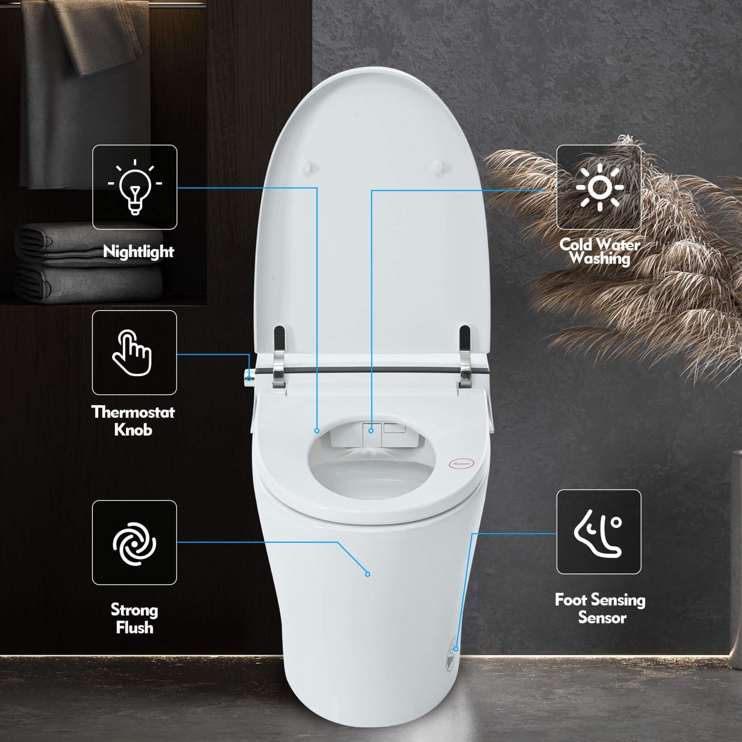 Nuvia 1/1.28 GPF Smart Compact Dual Flush Tankless Toilet Bidet Combo with Self-Cleaning Nozzle and Foot Sensor Flush