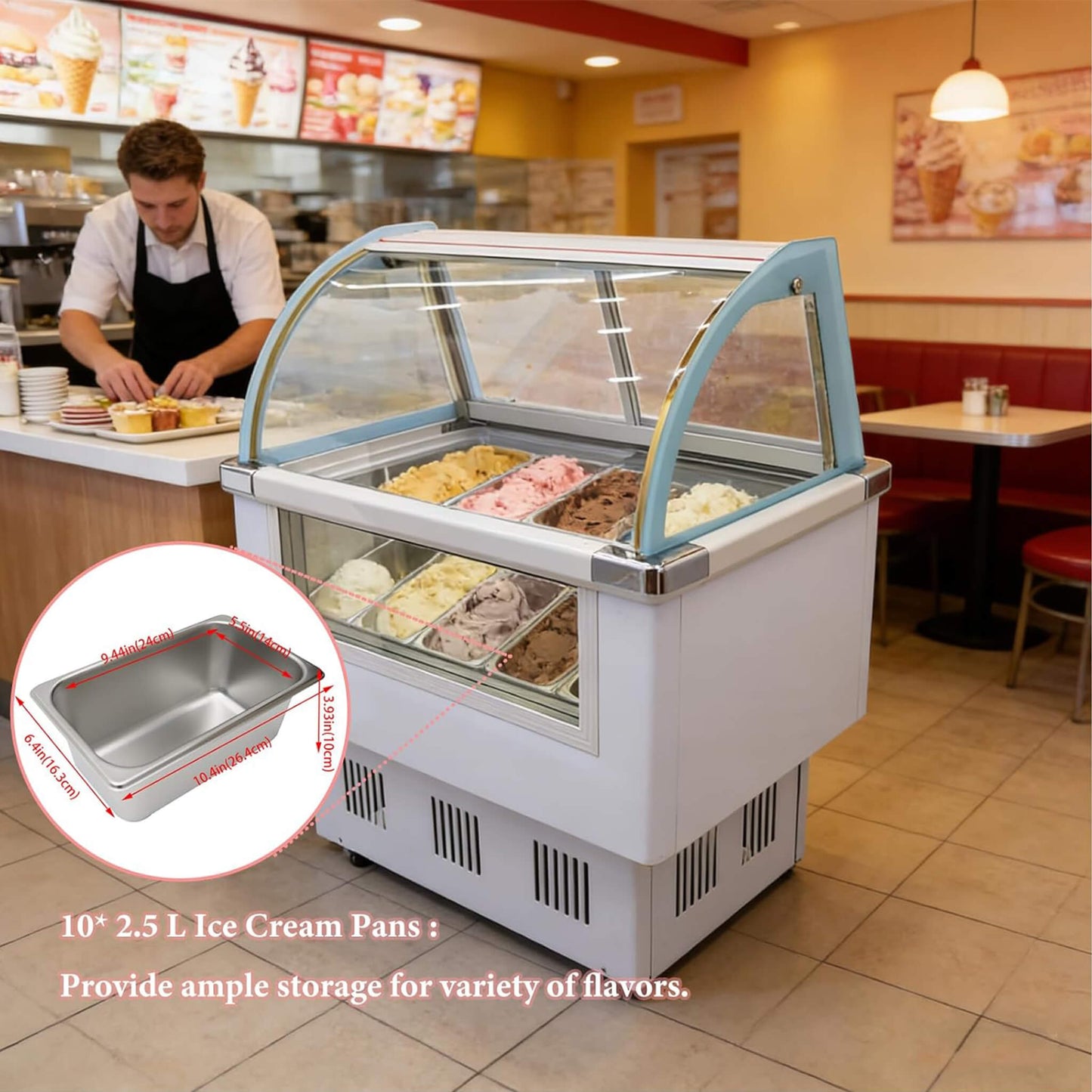 10-Pan 220V Commercial Gelato Display Freezer with LED Lighting