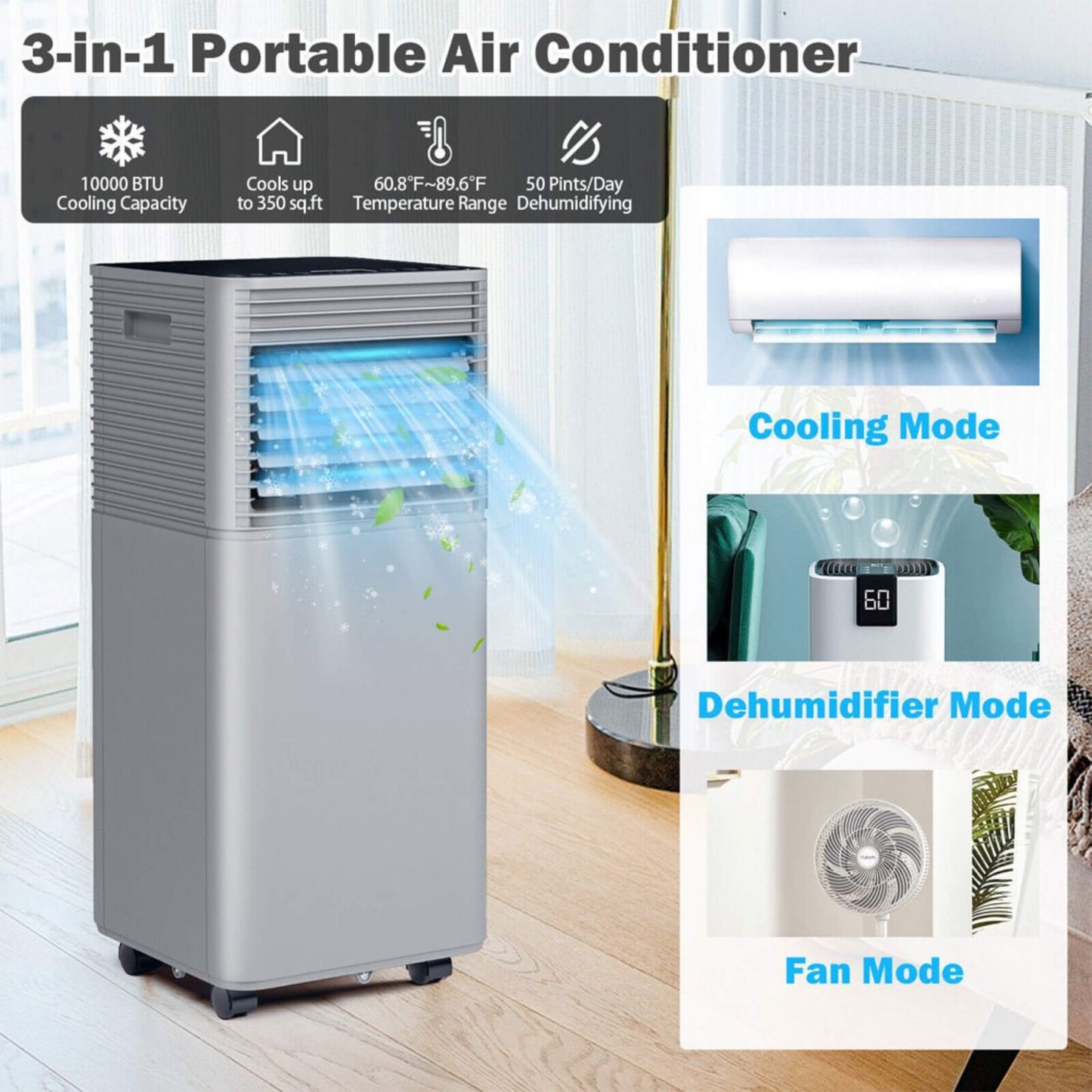 10K BTU Portable Room Air Conditioner Unit with Dehumidifier and Fan Mode