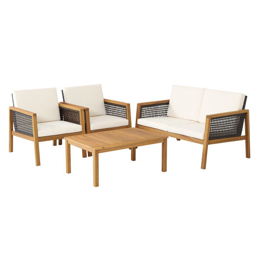 4 Pieces Patio Rattan Furniture Set with Removable Cushions - White