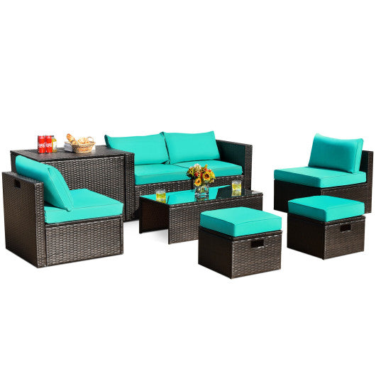 8 Pieces Patio Space-Saving Rattan Furniture Set with Storage Box and Waterproof Cover - Turquoise
