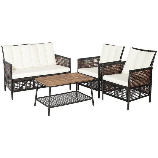 4 Pieces Patio Rattan Furniture Set with 2-Tier Coffee Table - White