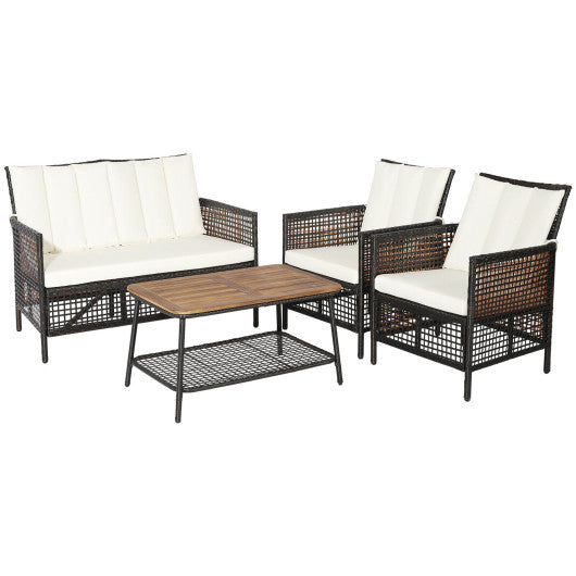 4 Pieces Patio Rattan Furniture Set with 2-Tier Coffee Table - White