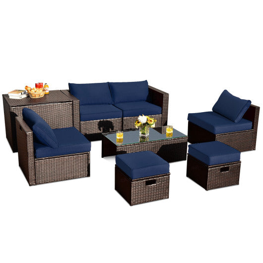 8 Pieces Patio Space-Saving Rattan Furniture Set with Storage Box and Waterproof Cover - Navy