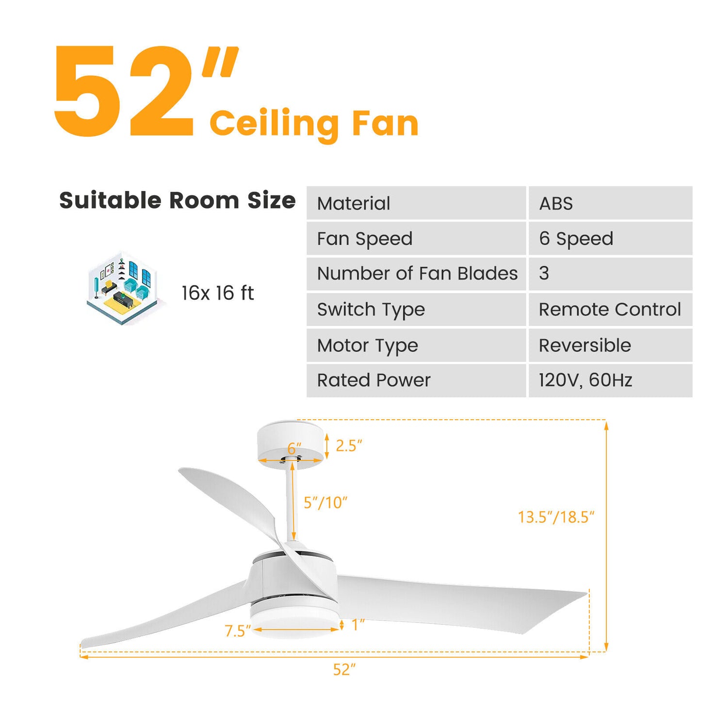 52 Inch Reversible Ceiling Fan with Light