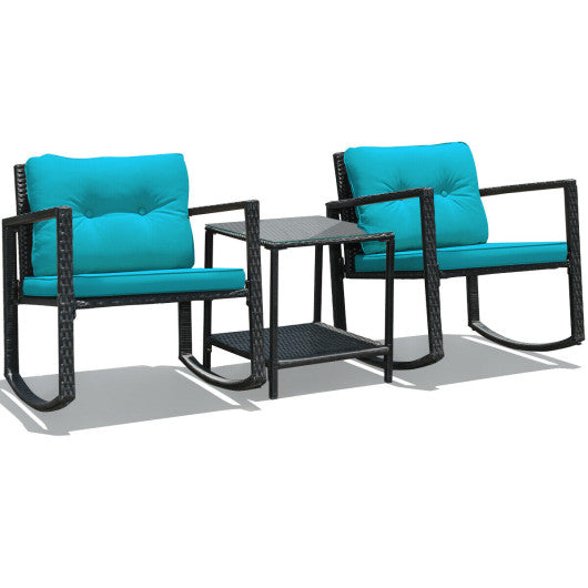 3 Pcs Wicker Rocking Bistro Set with Glass Coffee Table and Storage Shelf - Blue