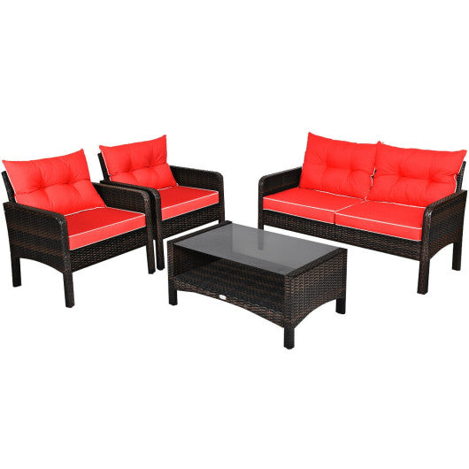 4 Pieces Outdoor Rattan Wicker Loveseat Furniture Set with Cushions - Red