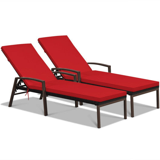 2 Pieces Patio Rattan Adjustable Back Lounge Chair with Armrest and Removable Cushions - Red