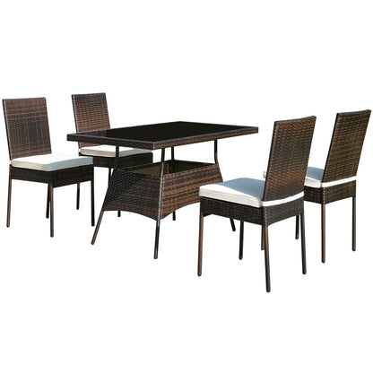 5 Pieces Rattan Dining Set Glass Table High Back Chair