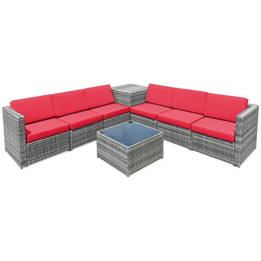 8 Piece Wicker Sofa Rattan Dinning Set Patio Furniture with Storage Table - Red