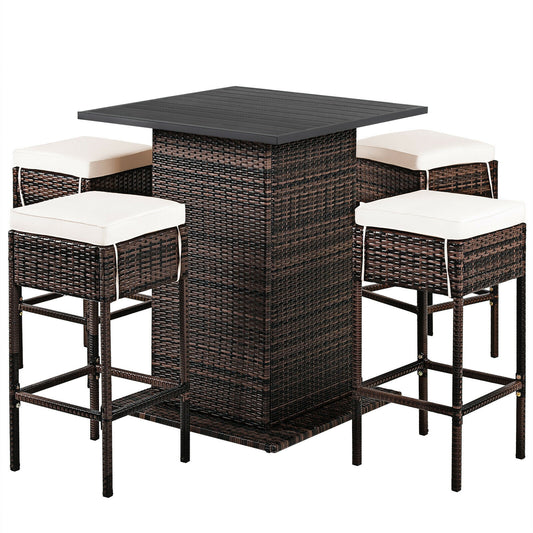 5 Pieces Patio Rattan Bar Table Stool Set Hidden Storage Shelf Cushioned