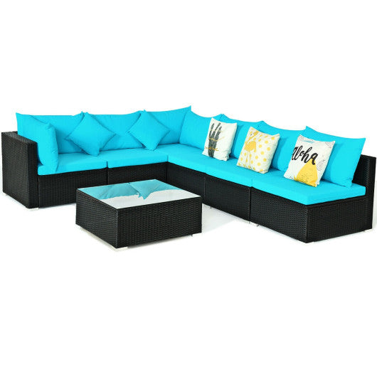 7-Piece Outdoor Sectional Wicker Patio Sofa Set with Tempered Glass Top - Blue