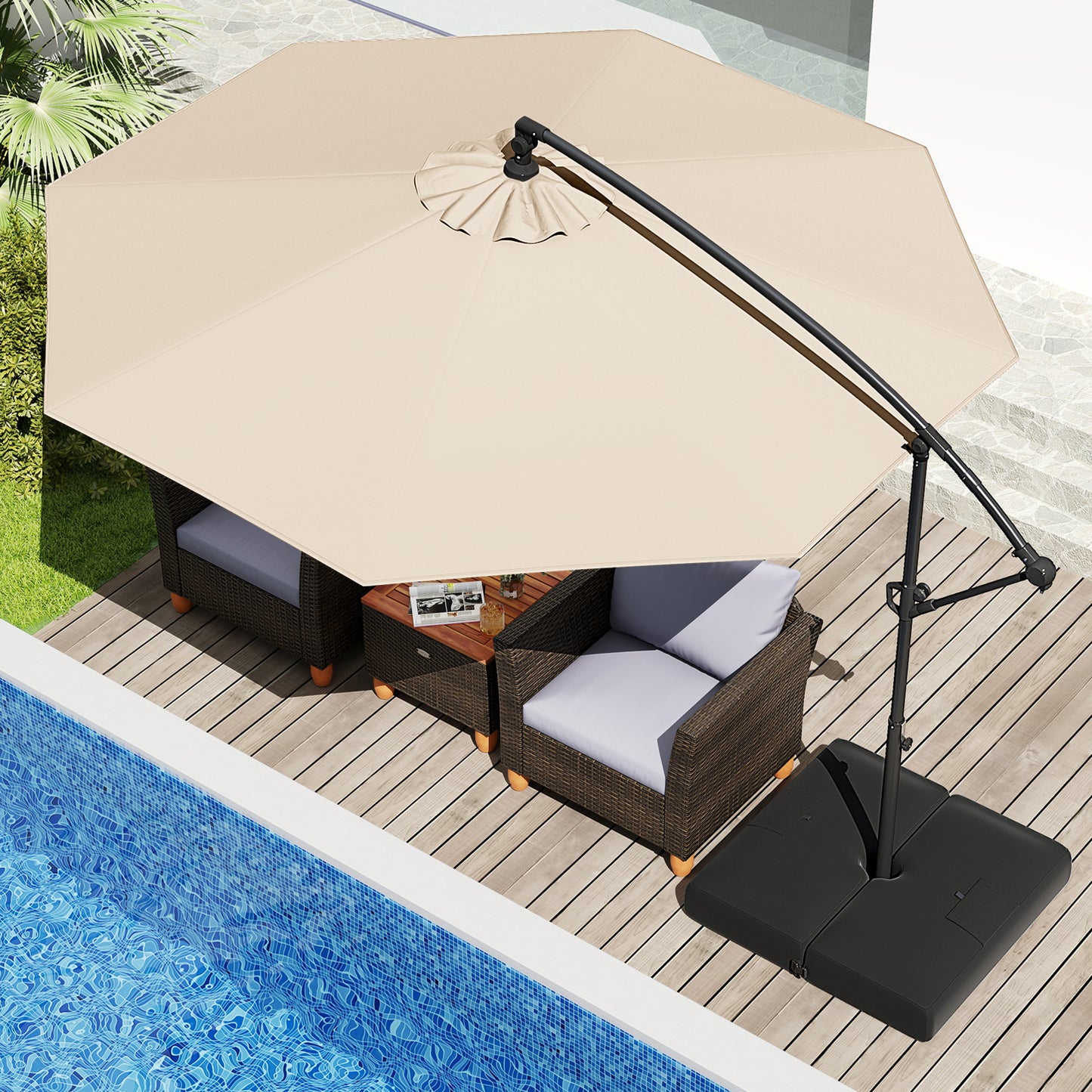 10 Feet Offset Hanging Umbrella with Base Patio Cantilever Umbrella with Tilt