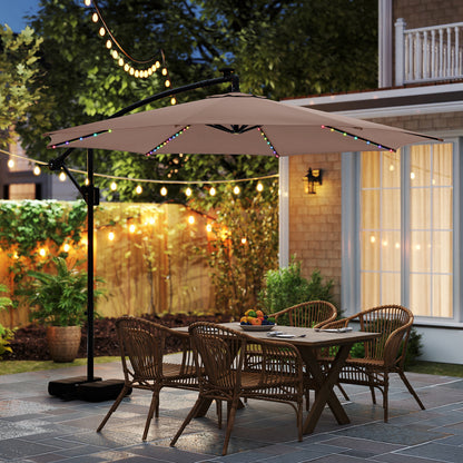 10 Feet Solar Offset Hanging Umbrella with Base and LED Lights