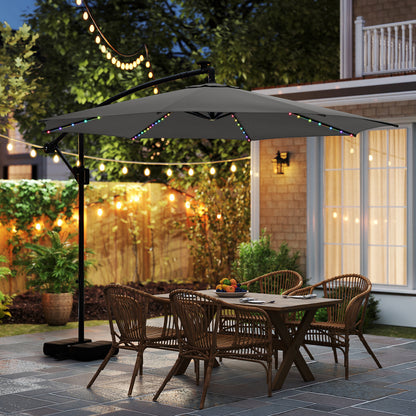 10 Feet Solar Offset Hanging Umbrella with Base and LED Lights