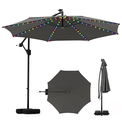 10 Feet Solar Offset Hanging Umbrella with Base and LED Lights