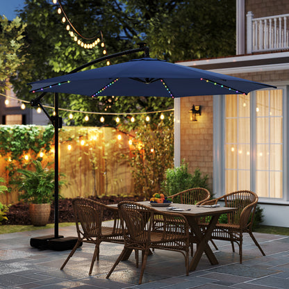 10 Feet Solar Offset Hanging Umbrella with Base and LED Lights