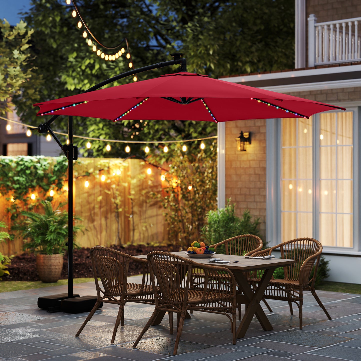 10 Feet Solar Offset Hanging Umbrella with Base and LED Lights