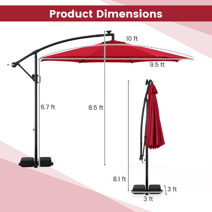 10 Feet Solar Offset Hanging Umbrella with Base and LED Lights