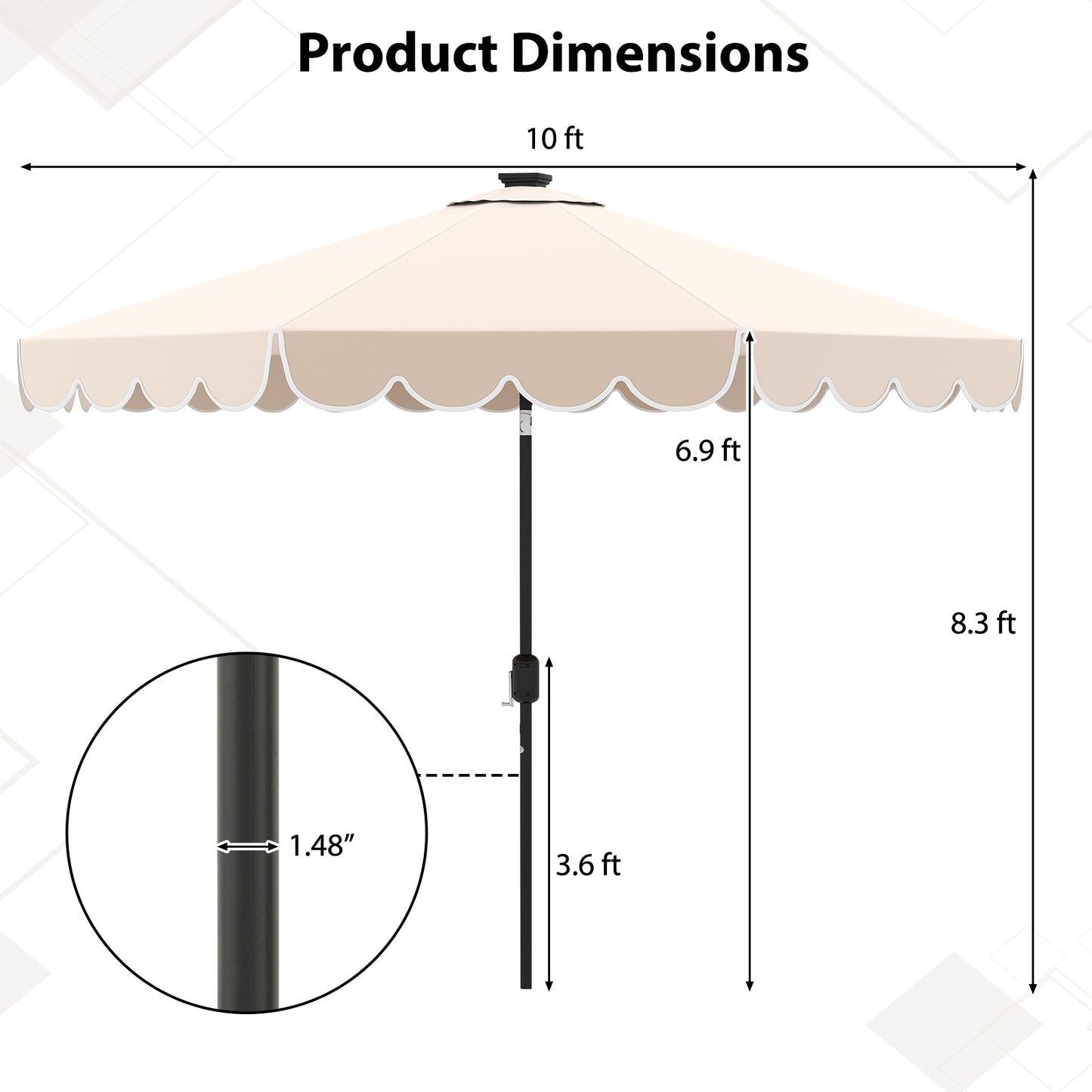 10 Feet Solar Patio Umbrella with 24 LED Lights