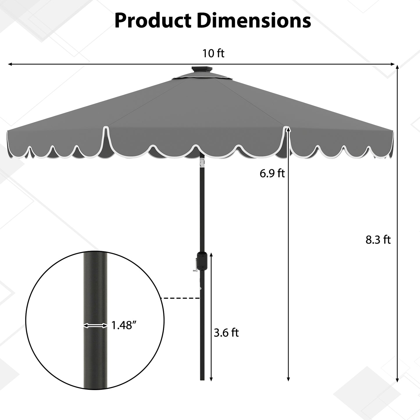 10 Feet Solar Patio Umbrella with 24 LED Lights