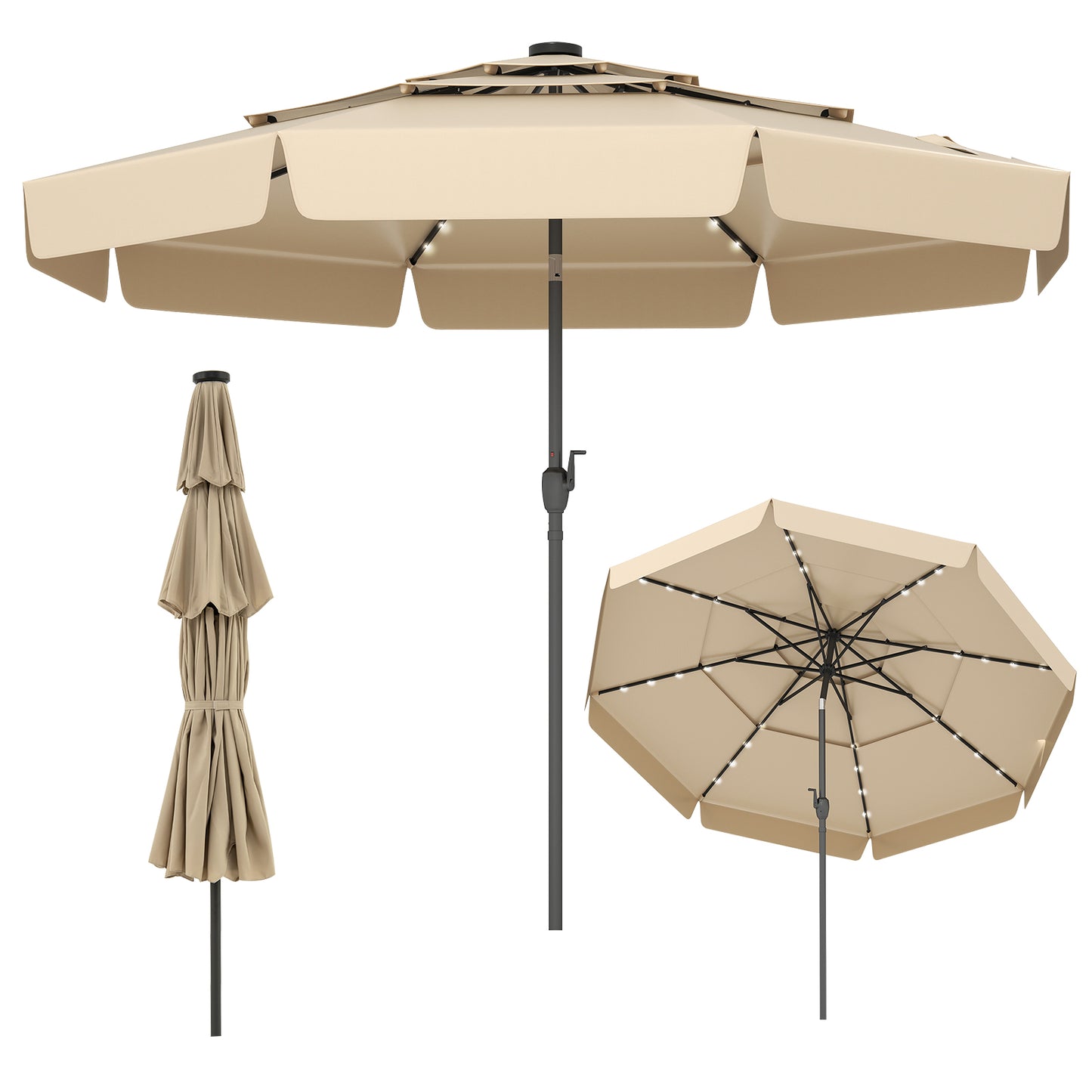 10 Feet Solar Patio Umbrella with 3-Tier Vented Top