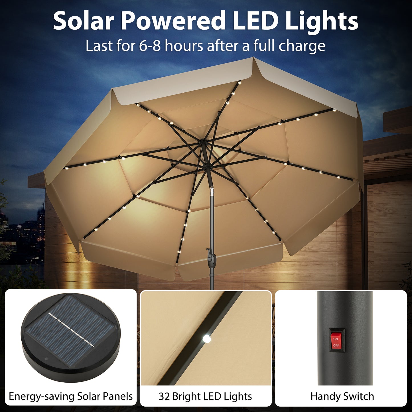 10 Feet Solar Patio Umbrella with 3-Tier Vented Top