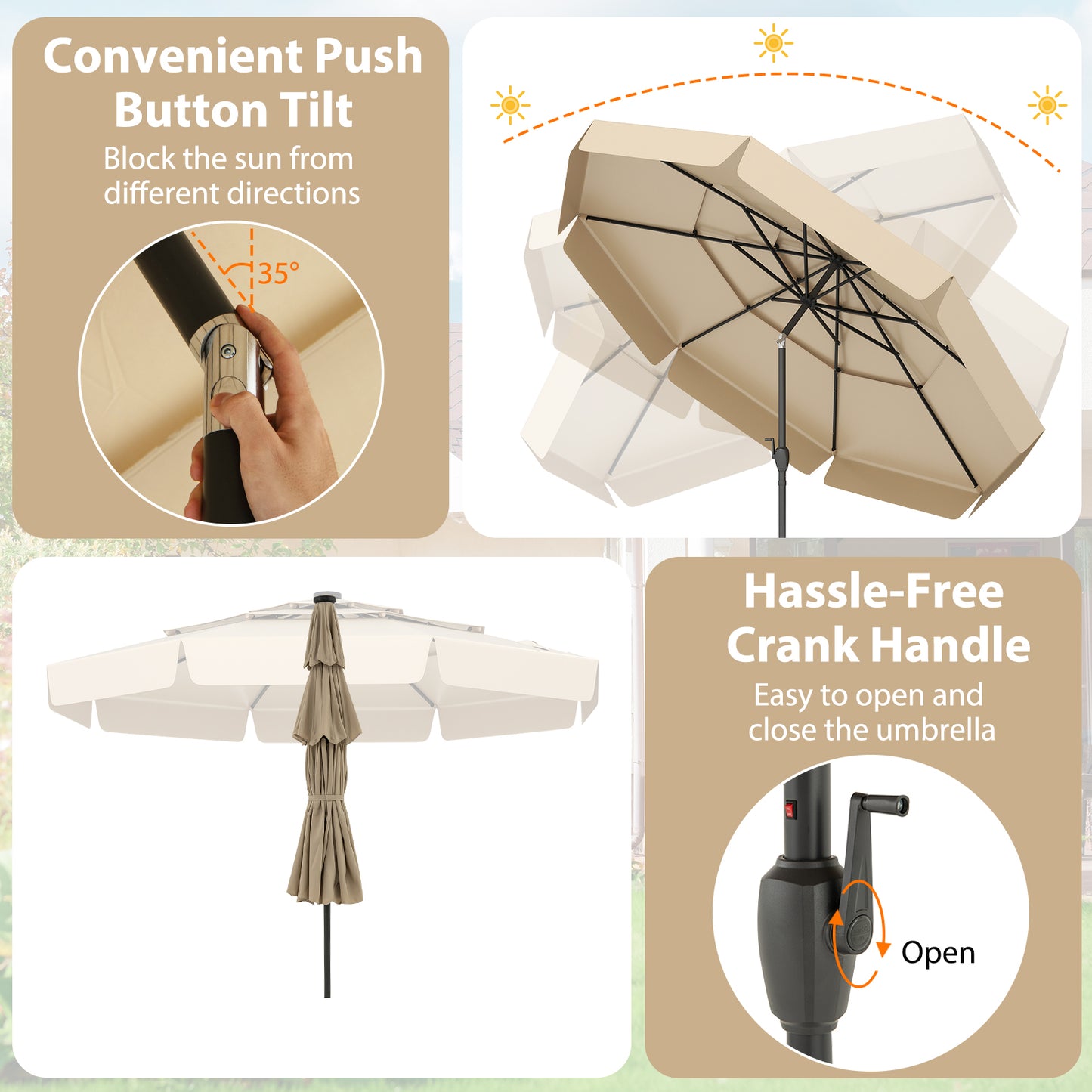 10 Feet Solar Patio Umbrella with 3-Tier Vented Top