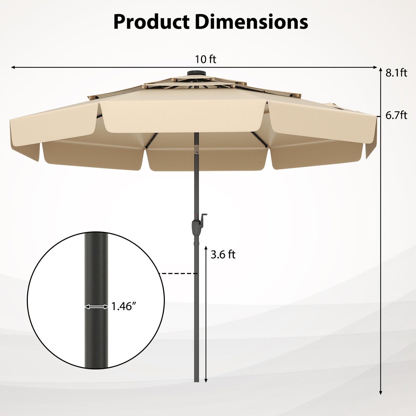 10 Feet Solar Patio Umbrella with 3-Tier Vented Top