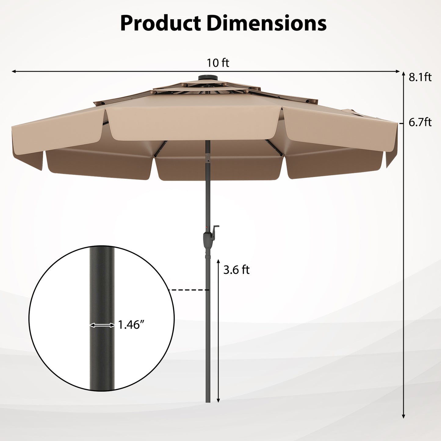10 Feet Solar Patio Umbrella with 3-Tier Vented Top