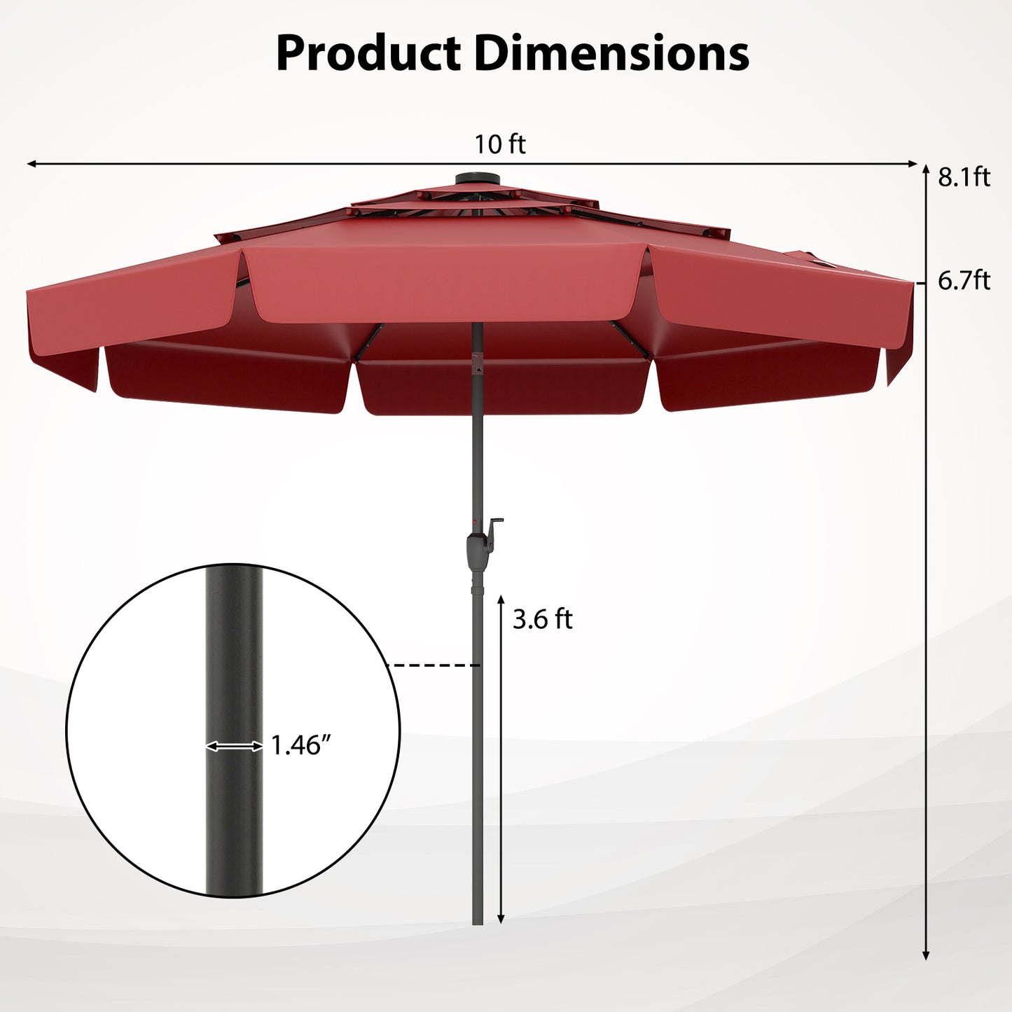 10 Feet Solar Patio Umbrella with 3-Tier Vented Top