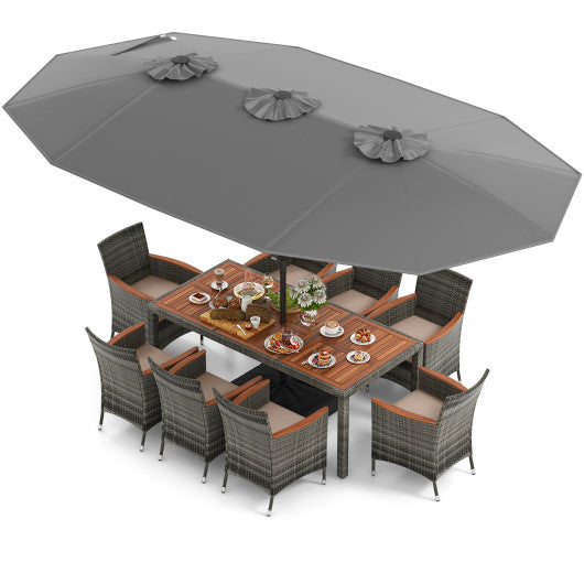 10 Pieces Patio Wicker Dining Set with 15 Feet Double-Sided Patio Umbrella - Gray