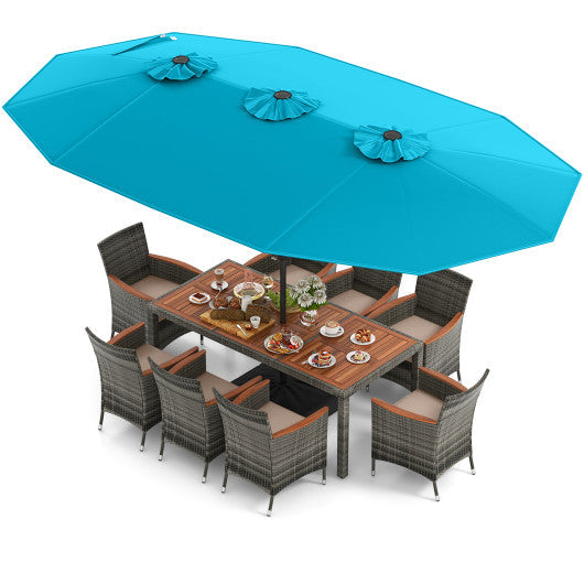 10 Pieces Patio Wicker Dining Set with 15 Feet Double-Sided Patio Umbrella - Turquoise