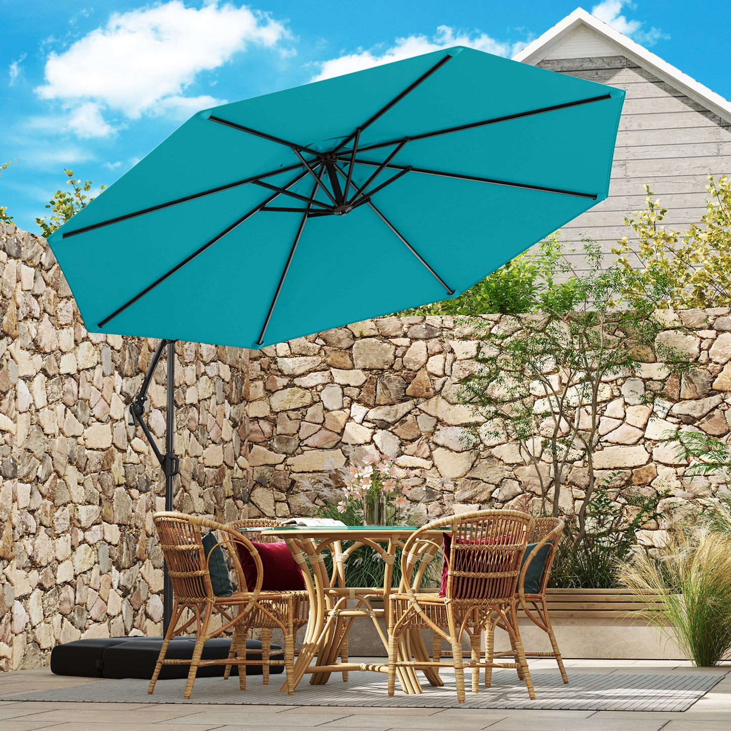 10 Feet Offset Hanging Umbrella with Base Patio Cantilever Umbrella with Tilt