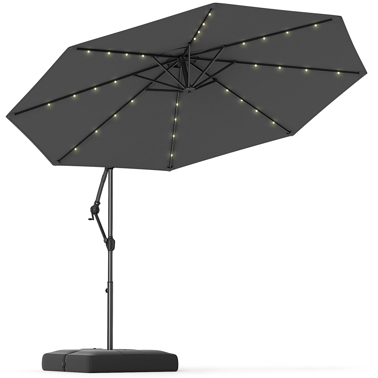 10 Feet Solar Offset Hanging Umbrella with Base and 32 LED Lights