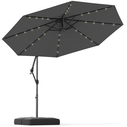 10 Feet Solar Offset Hanging Umbrella with Base and 32 LED Lights