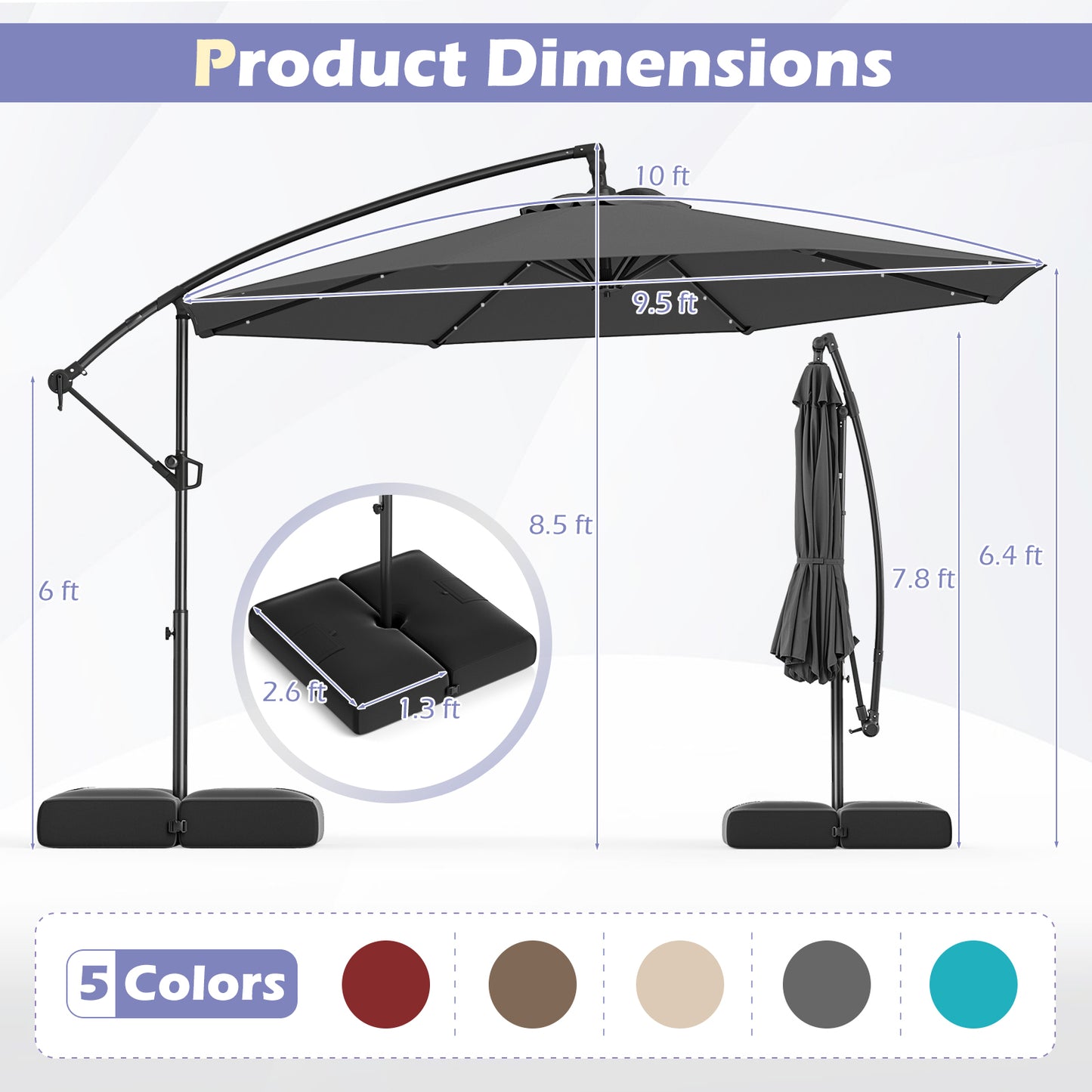 10 Feet Solar Offset Hanging Umbrella with Base and 32 LED Lights