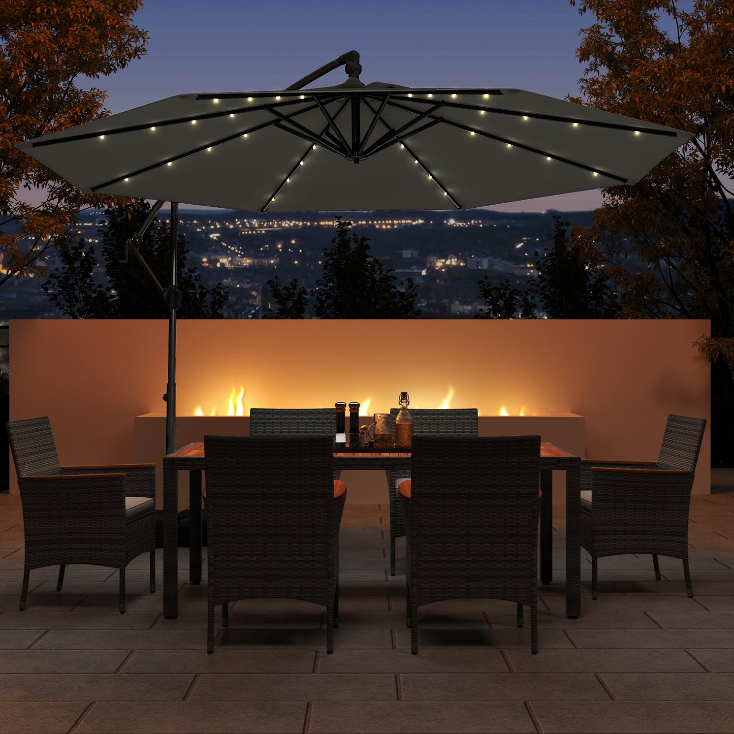 10 Feet Solar Offset Hanging Umbrella with Base and 32 LED Lights