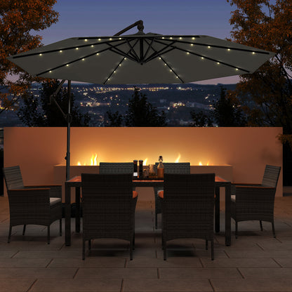 10 Feet Solar Offset Hanging Umbrella with Base and 32 LED Lights