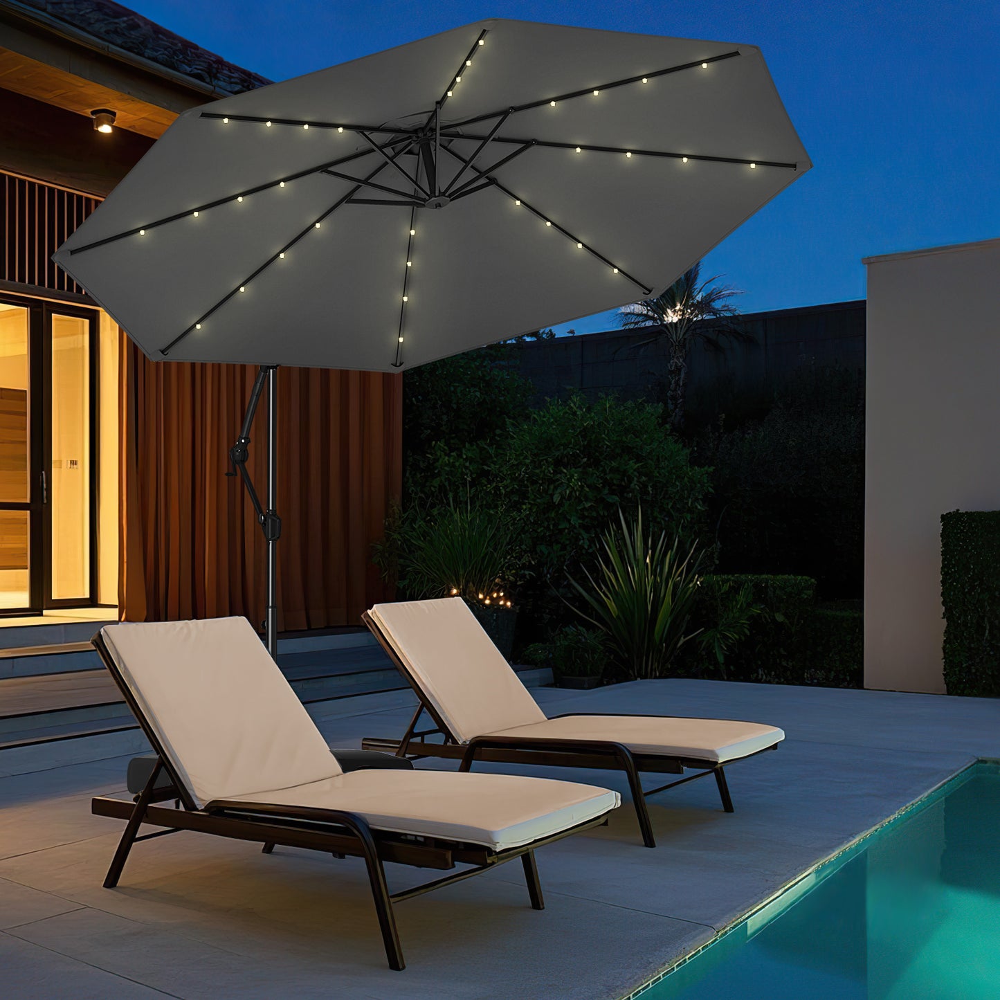 10 Feet Solar Offset Hanging Umbrella with Base and 32 LED Lights
