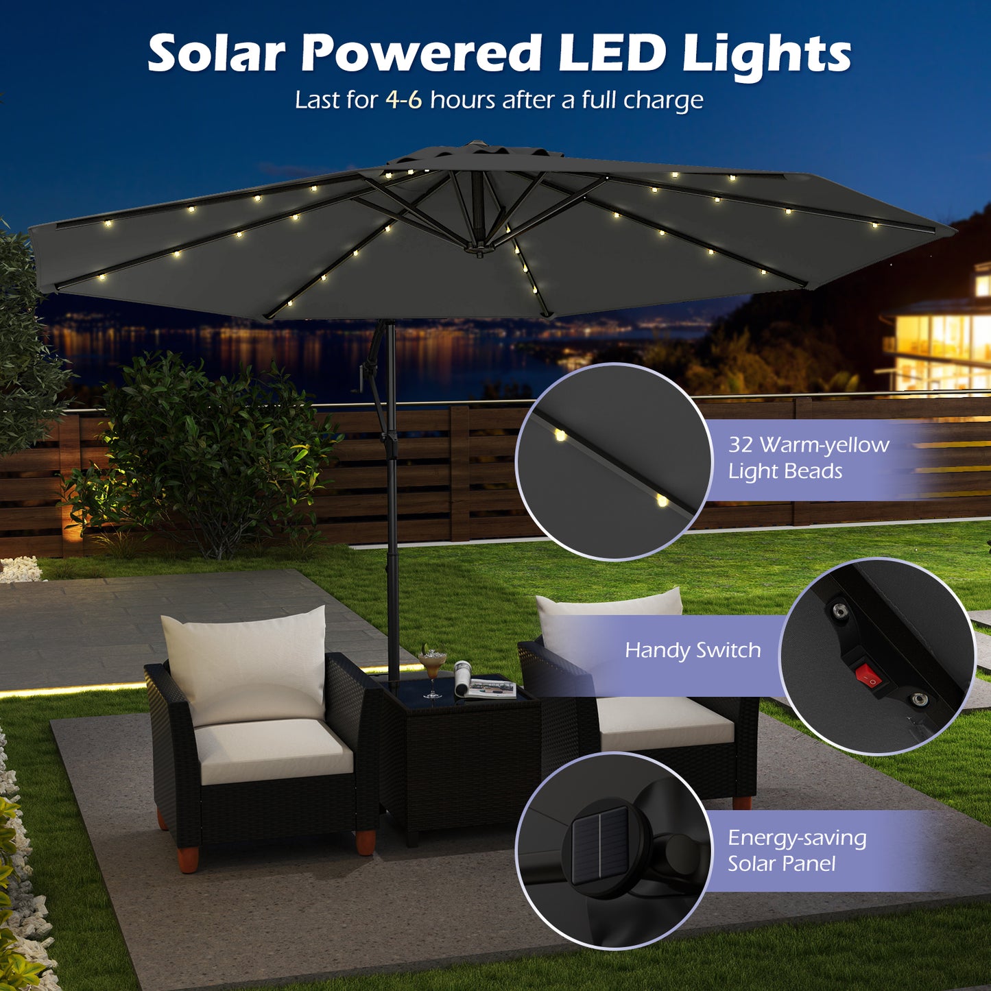 10 Feet Solar Offset Hanging Umbrella with Base and 32 LED Lights