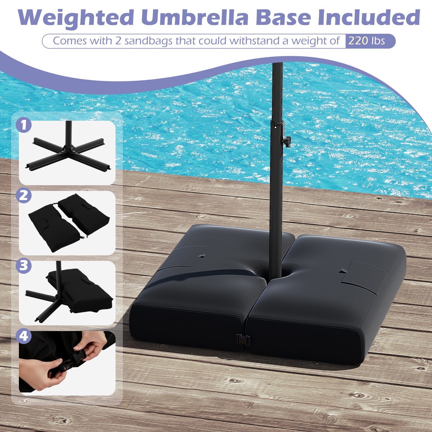 10 Feet Solar Offset Hanging Umbrella with Base and 32 LED Lights