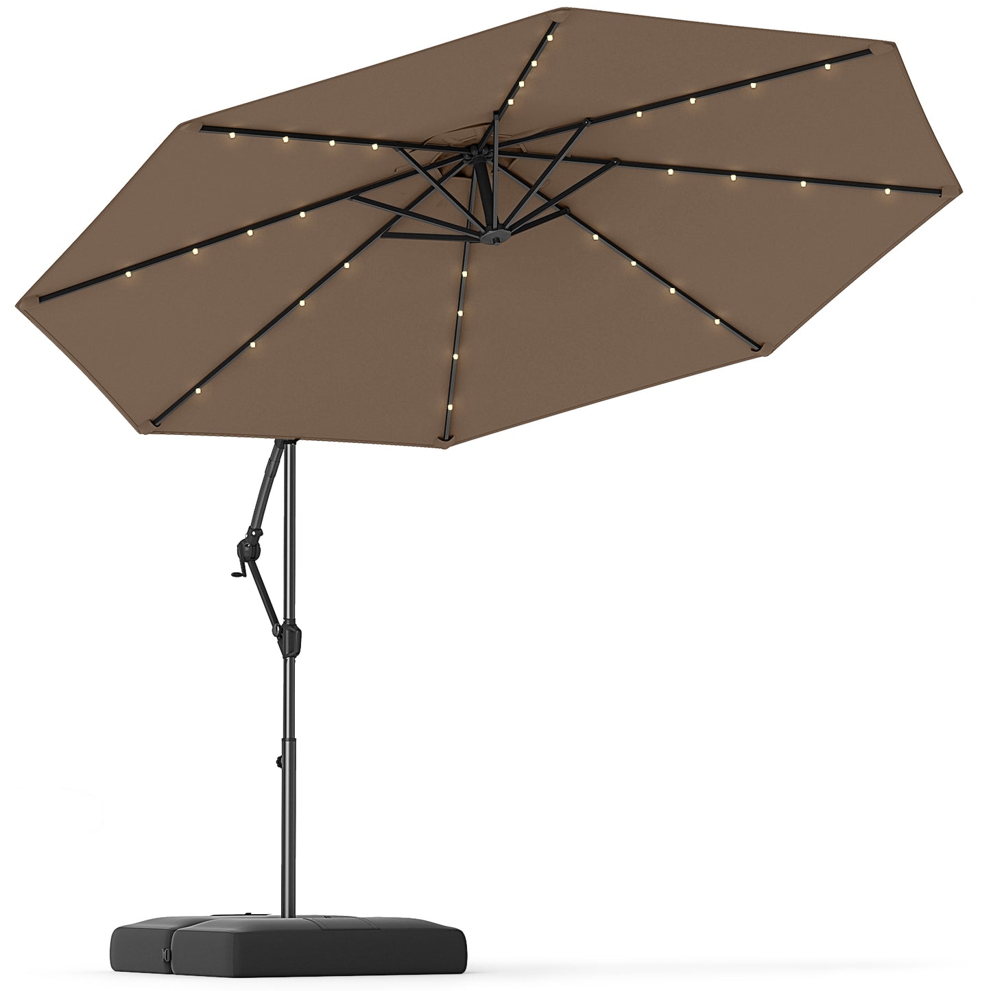 10 Feet Solar Offset Hanging Umbrella with Base and 32 LED Lights