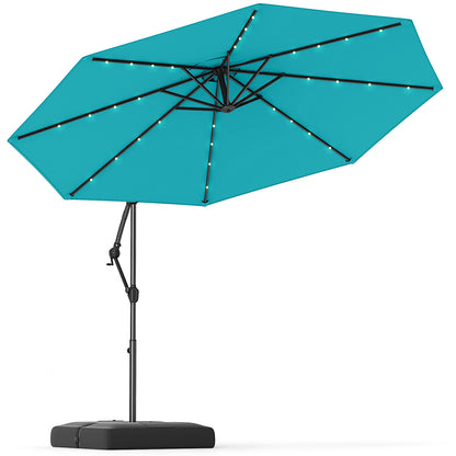 10 Feet Solar Offset Hanging Umbrella with Base and 32 LED Lights