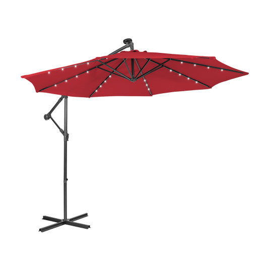 10 Feet Patio Solar Powered Cantilever Umbrella with Tilting System - Red