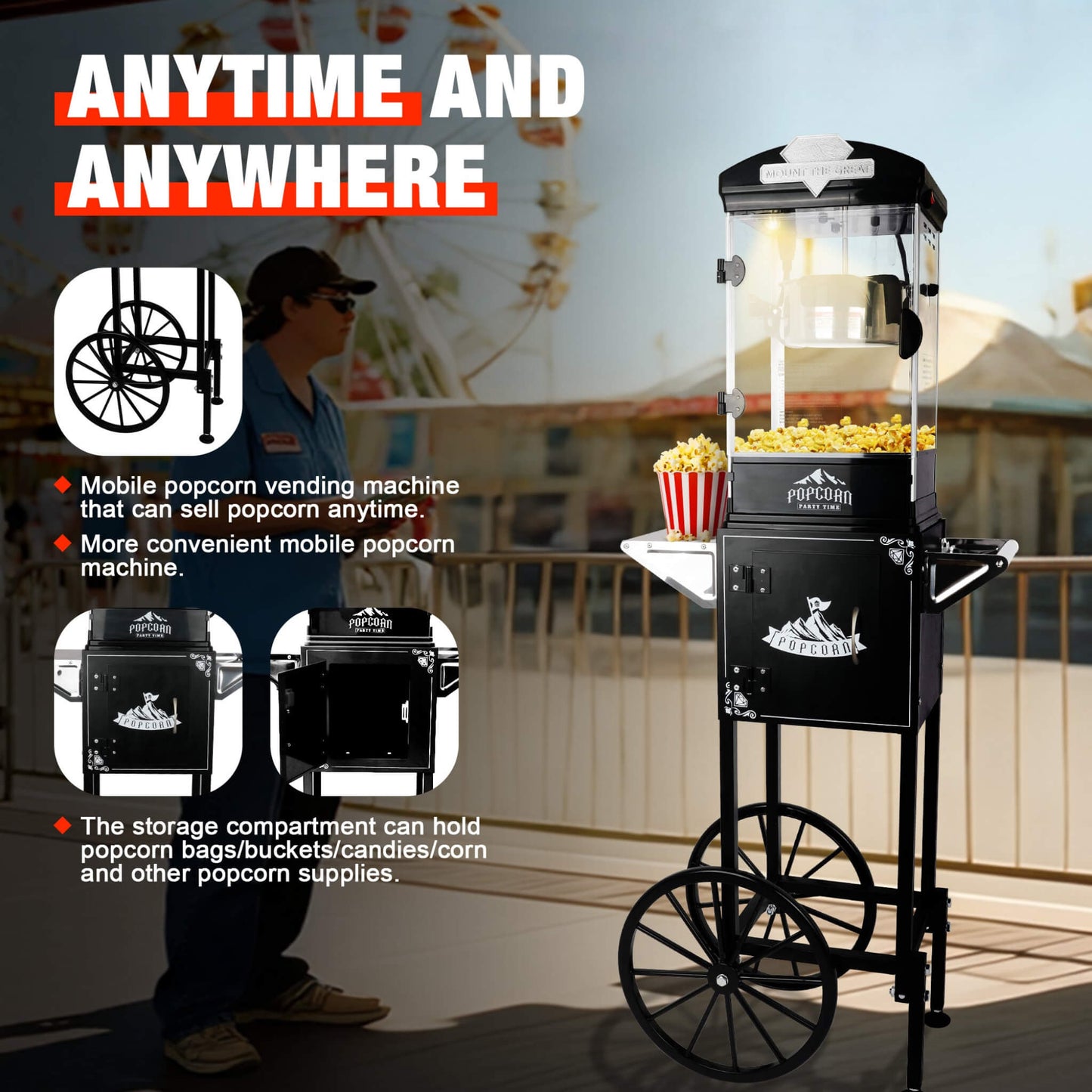 Premium 10OZ Portable Kettle Popcorn Maker Machine with Cart